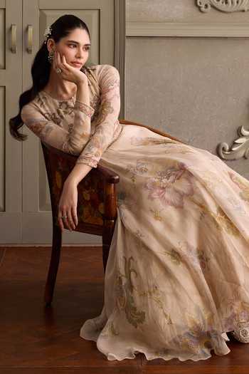 Buy_Kalista_Ivory Organza, Viscose, Net Keyhole Ariya Floral Print Anarkali With Dupatta 
