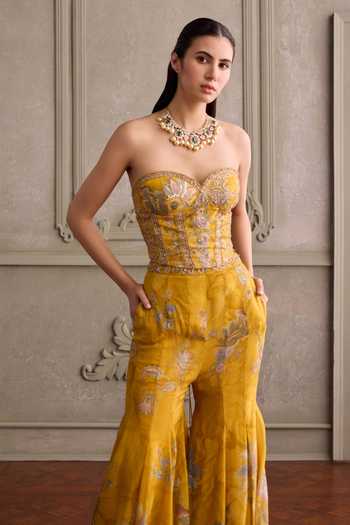 Buy_Kalista_Yellow Silk, Organza, Net Eliha Floral Embroidered Bustier Sharara Set _Online_at_Aza_Fashions