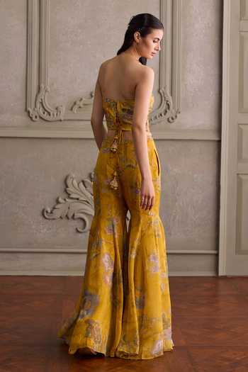Kalista_Yellow Silk, Organza, Net Eliha Floral Embroidered Bustier Sharara Set _Online_at_Aza_Fashions