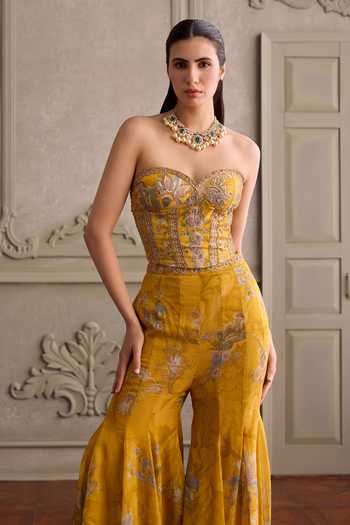 Shop_Kalista_Yellow Silk, Organza, Net Eliha Floral Embroidered Bustier Sharara Set _Online_at_Aza_Fashions