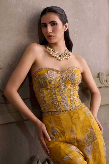 Kalista_Yellow Silk, Organza, Net Eliha Floral Embroidered Bustier Sharara Set _at_Aza_Fashions