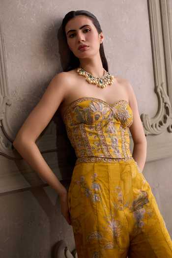 Buy_Kalista_Yellow Silk, Organza, Net Eliha Floral Embroidered Bustier Sharara Set 
