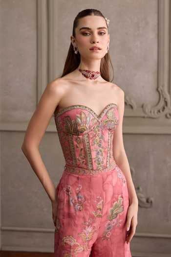 Shop_Kalista_Pink Silk, Organza, Net Sweetheart Eliha Floral Embroidered Blouse Sharara Set _Online_at_Aza_Fashions