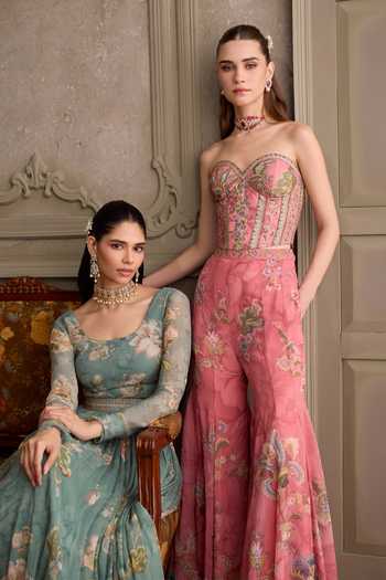Kalista_Pink Silk, Organza, Net Sweetheart Eliha Floral Embroidered Blouse Sharara Set _at_Aza_Fashions
