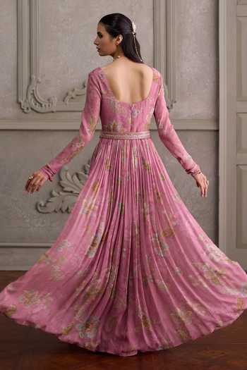 Kalista_Pink Viscose Georgette, Net Square Neck Sanya Floral Print Anarkali With Dupatta _Online_at_Aza_Fashions