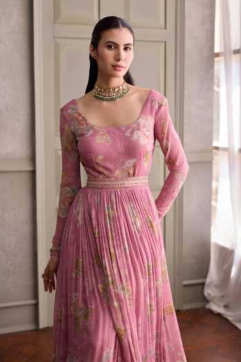 Buy_Kalista_Pink Viscose Georgette, Net Square Neck Sanya Floral Print Anarkali With Dupatta _Online_at_Aza_Fashions