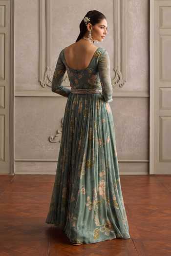 Kalista_Green Viscose Georgette, Net Scoop Sanya Floral Print Anarkali And Dupatta Set _Online_at_Aza_Fashions