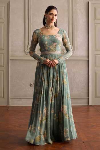 Buy_Kalista_Green Viscose Georgette, Net Scoop Sanya Floral Print Anarkali And Dupatta Set _Online_at_Aza_Fashions