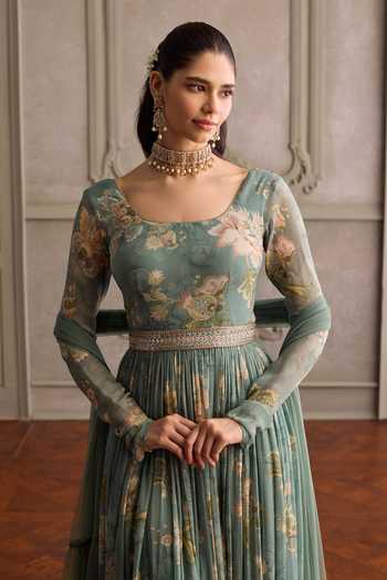Shop_Kalista_Green Viscose Georgette, Net Scoop Sanya Floral Print Anarkali And Dupatta Set _Online_at_Aza_Fashions
