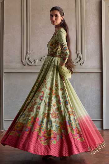 Kalista_Green Silk, Net Round Neck Ruhani Flower Print Anarkali With Dupatta _Online_at_Aza_Fashions