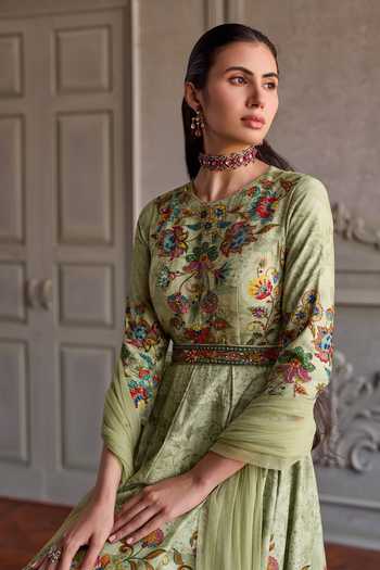 Buy_Kalista_Green Silk, Net Round Neck Ruhani Flower Print Anarkali With Dupatta _Online_at_Aza_Fashions