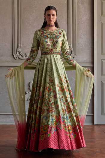 Buy_Kalista_Green Silk, Net Round Neck Ruhani Flower Print Anarkali With Dupatta _at_Aza_Fashions