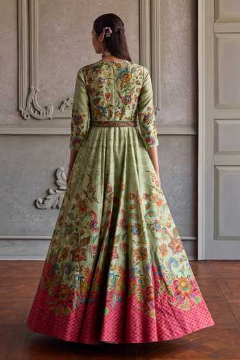 Shop_Kalista_Green Silk, Net Round Neck Ruhani Flower Print Anarkali With Dupatta _at_Aza_Fashions