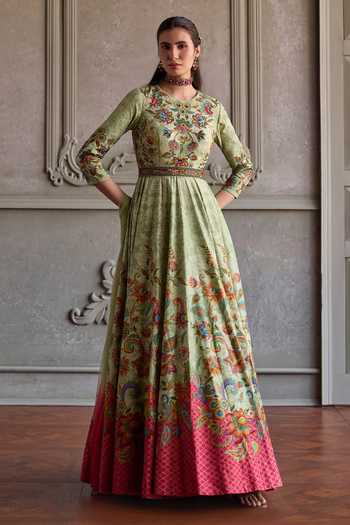 Shop_Kalista_Green Silk, Net Round Neck Ruhani Flower Print Anarkali With Dupatta _Online_at_Aza_Fashions