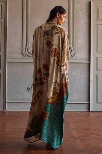 Shop_Kalista_Beige Crepe V-neck Jisha Floral Embroidered Kaftan _at_Aza_Fashions