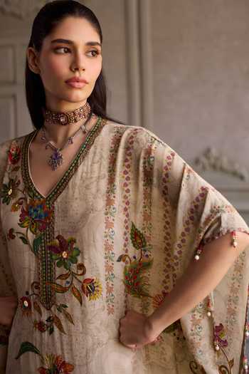 Kalista_Beige Crepe V-neck Jisha Floral Embroidered Kaftan _Online_at_Aza_Fashions