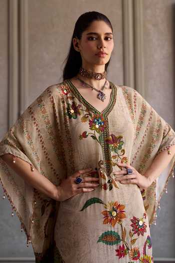 Buy_Kalista_Beige Crepe V-neck Jisha Floral Embroidered Kaftan _Online_at_Aza_Fashions