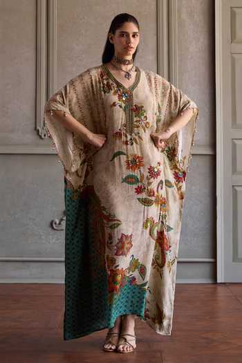 Buy_Kalista_Beige Crepe V-neck Jisha Floral Embroidered Kaftan _at_Aza_Fashions