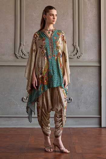 Buy_Kalista_Beige Crepe, Viscose V-neck Leena Printed Kurta And Dhoti Pant Set _at_Aza_Fashions