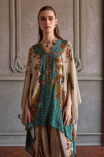 Kalista_Beige Crepe, Viscose V-neck Leena Printed Kurta And Dhoti Pant Set _Online_at_Aza_Fashions