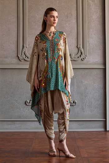 Buy_Kalista_Beige Crepe, Viscose V-neck Leena Printed Kurta And Dhoti Pant Set _Online_at_Aza_Fashions