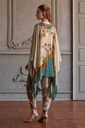 Shop_Kalista_Beige Crepe, Viscose V-neck Leena Printed Kurta And Dhoti Pant Set _at_Aza_Fashions