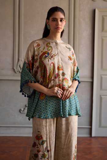 Buy_Kalista_Green Modal, Satin Round Neck, Yes Sahira Printed Kurta And Pant Set _Online_at_Aza_Fashions