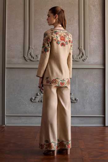 Shop_Kalista_Beige Silk Embroidery V-neck Celina Kurta And Palazzo Set _at_Aza_Fashions