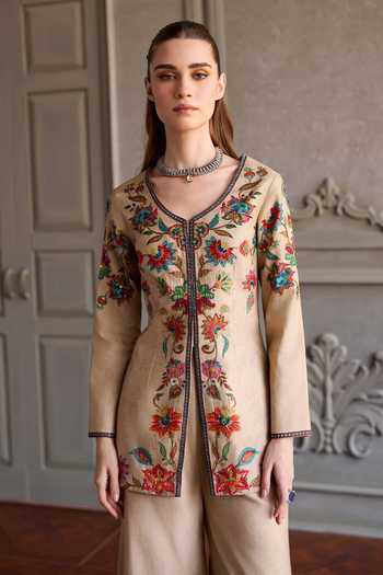Kalista_Beige Silk Embroidery V-neck Celina Kurta And Palazzo Set _Online_at_Aza_Fashions