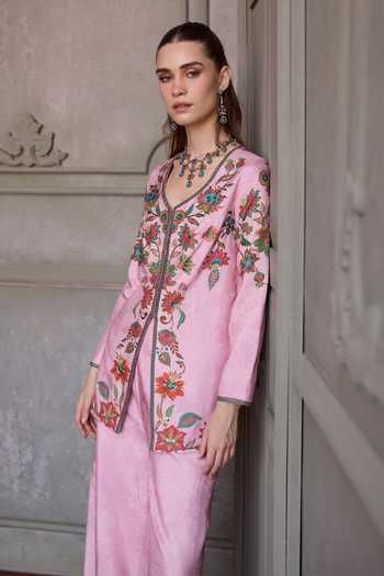 Kalista_Pink Silk Embroidery V-neck, Yes Celina Kurta And Palazzo Set _Online_at_Aza_Fashions