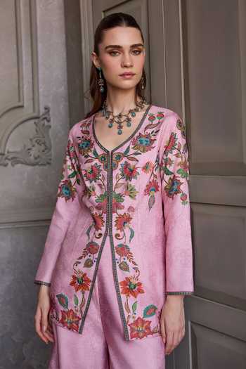 Buy_Kalista_Pink Silk Embroidery V-neck, Yes Celina Kurta And Palazzo Set _Online_at_Aza_Fashions