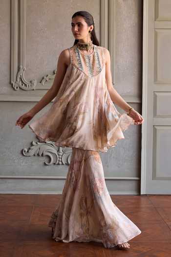 Kalista_Ivory Viscose Georgette Round Neck Simaya Embroidered Kurta And Sharara Set _Online_at_Aza_Fashions