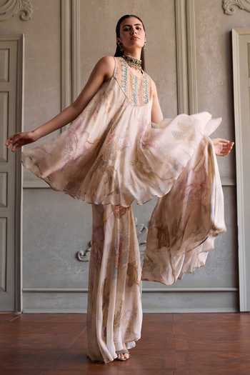 Buy_Kalista_Ivory Viscose Georgette Round Neck Simaya Embroidered Kurta And Sharara Set _Online_at_Aza_Fashions