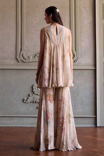Shop_Kalista_Ivory Viscose Georgette Round Neck Simaya Embroidered Kurta And Sharara Set _at_Aza_Fashions