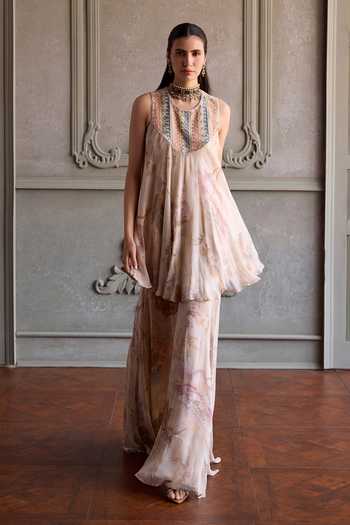 Shop_Kalista_Ivory Viscose Georgette Round Neck Simaya Embroidered Kurta And Sharara Set _Online_at_Aza_Fashions