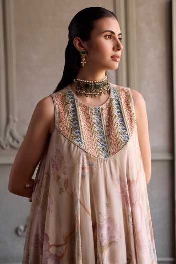 Kalista_Ivory Viscose Georgette Round Neck Simaya Embroidered Kurta And Sharara Set _at_Aza_Fashions