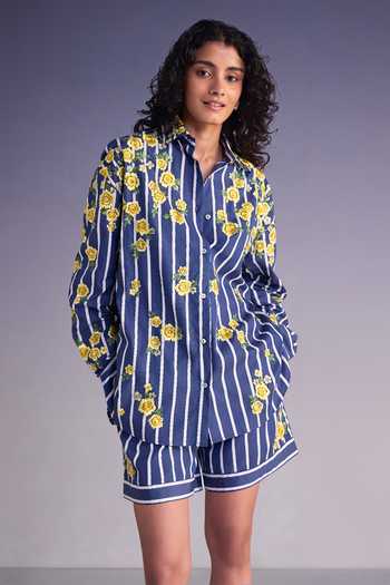 Buy_Dash And Dot_Blue Cotton Collared Neck Floral Embroidered Stripe Shirt And Shorts Set _Online_at_Aza_Fashions