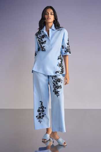 Dash And Dot_Blue Cotton Collared Neck Floral Bead Embroidered Shirt And Pant Set _Online_at_Aza_Fashions