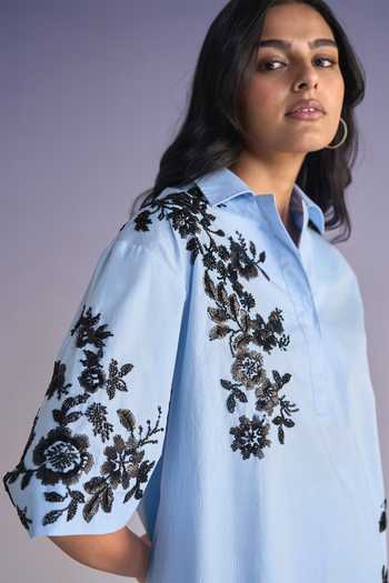Buy_Dash And Dot_Blue Cotton Collared Neck Floral Bead Embroidered Shirt And Pant Set _Online_at_Aza_Fashions