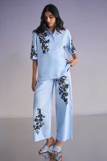 Buy_Dash And Dot_Blue Cotton Collared Neck Floral Bead Embroidered Shirt And Pant Set _at_Aza_Fashions