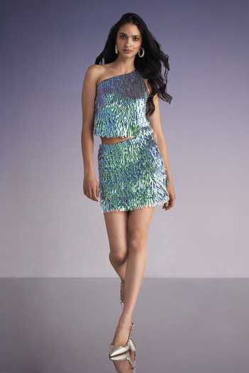 Dash And Dot_Multi Color Polyester One Shoulder Iridescent Paillette Top With Skirt _Online_at_Aza_Fashions
