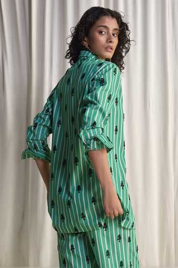 Dash And Dot_Green Cotton Collared Neck, Motif Bead Embroidered Stripe Shirt And Pant Set _Online_at_Aza_Fashions