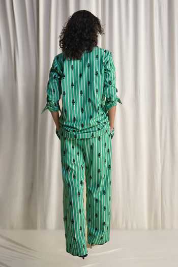Shop_Dash And Dot_Green Cotton Collared Neck, Motif Bead Embroidered Stripe Shirt And Pant Set _at_Aza_Fashions