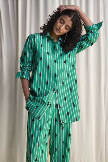 Buy_Dash And Dot_Green Cotton Collared Neck, Motif Bead Embroidered Stripe Shirt And Pant Set _Online_at_Aza_Fashions