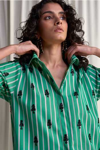 Shop_Dash And Dot_Green Cotton Collared Neck, Motif Bead Embroidered Stripe Shirt And Pant Set _Online_at_Aza_Fashions