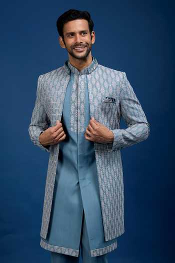 Buy_Arihant Rai Sinha_Sky Blue Silk, Dupion Embroidery Jaal Sherwani Set _at_Aza_Fashions
