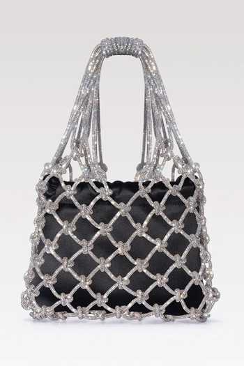 FOREVER NOOR_Silver Satin Mesh Rhinestone Bag _Online_at_Aza_Fashions