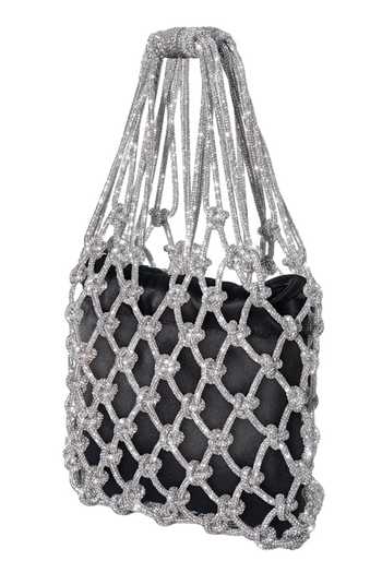 FOREVER NOOR_Silver Satin Mesh Rhinestone Bag _at_Aza_Fashions