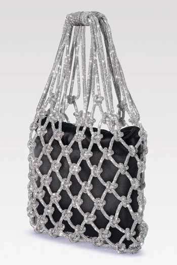 Buy_FOREVER NOOR_Silver Satin Mesh Rhinestone Bag 