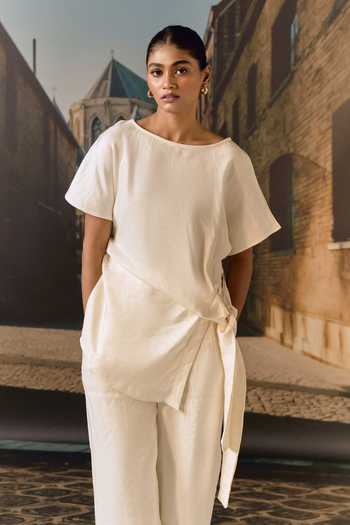 Buy_Maison Aguise_Off White Satin Boat Neck Ecru Draped Top And Pant Set _Online_at_Aza_Fashions